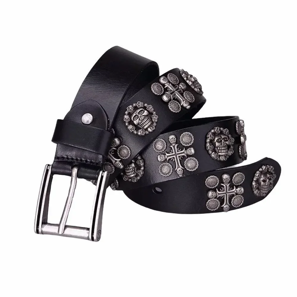 Black Genuine Leather Studded Brush Nickel Skulls Biker Moto Belt NEW